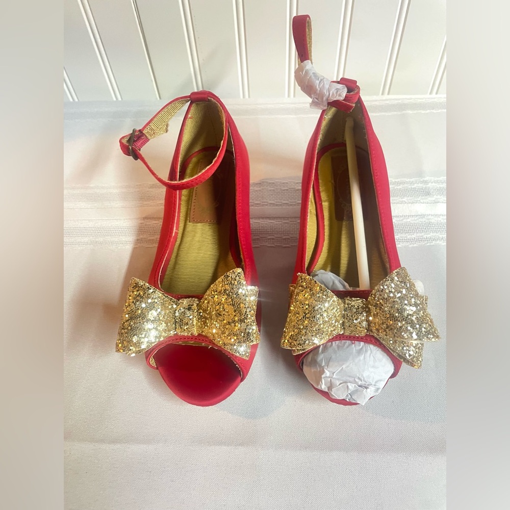 Joyfolie Valerie Pump Heel Ankle Strap Red Satin Glitter Bow Girls Sz 13 - Picture 7 of 9